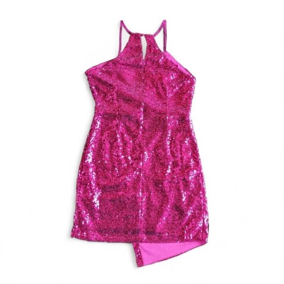 Lulus Sleeveless Hot Pink Hilaria Knit Sequin Mini Wrap Surplice Dress Women's M - Picture 6 of 11